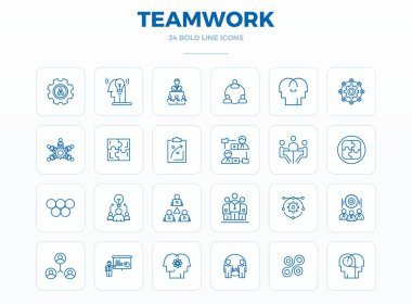 Takım çalışması etrafında 24 vektör simgesinden oluşan tam paket, modern arayüzler için mükemmel kalite 128 PIXEL 'de Strong Outline tasarımı sergileniyor.