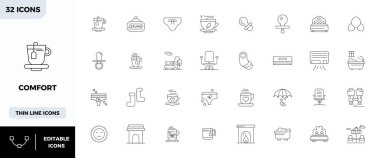 Minimal Line tasarımında konforu temsil eden 32 vektör simgesi oluşturuldu, 128x128 PIXEL olağanüstü görsel kalite için mükemmel çözünürlük.