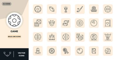 Bu Oyun Simgesi vektör paketi 128x128 PIXEL mükemmel formatta 24 Kalın Satır tasarımını içerir, dijital arayüzleri geliştirmek için mükemmeldir.