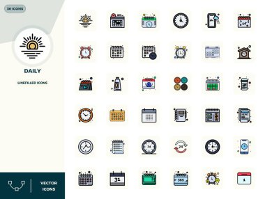 Modern arayüzler için mükemmel kalitede 128x128 PIXEL tasarım sergilenen, Daily etrafında 36 vektör simgelerinden oluşan tam paket.
