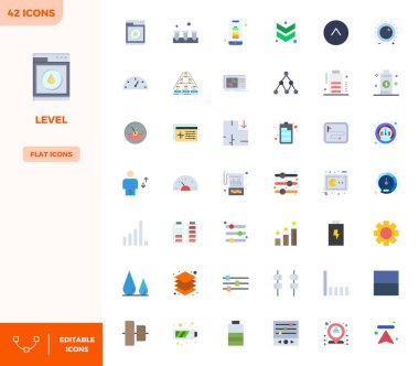 Düzeyi temsil eden 42 Düz Renk vektör simgesinin profesyonel sınıf koleksiyonu, 128x128 PIXEL mükemmel bir duyarlılıkla tasarlanmıştır..