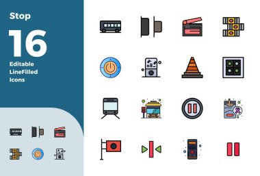 Profesyonel olarak, Renkli Satır içinde 16 vektör simgesi Doldurulmuş, 128x128 PIXEL mükemmel UI tasarımı için Stop özünü yakalıyor.