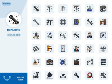 Onarım için 36 Satır İçi doldurulmuş vektör simgelerinden oluşan kaliteli koleksiyon, 128x128 PIXEL mükemmel çözünürlükte mükemmel görsel darbe için özenle hazırlandı.