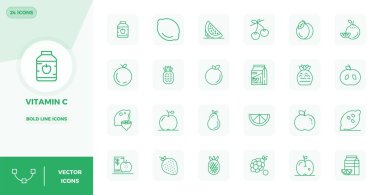 C vitamini temalı 24 vektör simgesinden oluşan yenilikçi paket, modern dijital çözümler için Bold Line tasarımını 128x128 PIXEL mükemmel formatında sergiliyor.