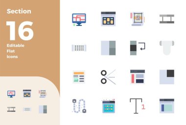 Profesyonel olarak Düz 'de 16 vektör simgesi tasarlandı, Bölüm' ün özünü 128x128 PIXEL mükemmel hassasiyetle yakalayarak UI tasarımı için.