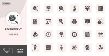 Bu 24 Glyph doldurulmuş vektör simgesi seti işe alım temalarını 128x128 PIXEL mükemmel kalite, teknoloji ve iş uygulamaları için mükemmel kalitede yakalar.