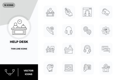 Yardım Masası için 16 İnce Hat PIXEL mükemmel vektör simgesi koleksiyonu, 128x128 biçiminde netlik ve çok yönlülük için tasarlanmıştır.