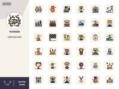 Kazanan tema için tasarlanmış 36 Satır Dolu vektör simgesi seti keşfedin, 128x128 PIXEL mükemmel tasarımlar modern UI / UX projeleri için idealdir.