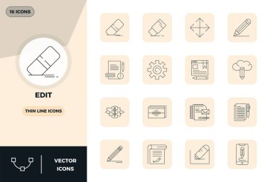 Düzenleme etrafında 16 vektör simgesinden oluşan geleceğe hazır paket, 128x128 PIXEL yenilikçi kullanıcı arayüzleri için mükemmel berraklığa sahip ince çizgi tasarımı sergileniyor.