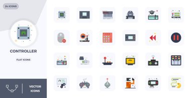 Controller çevresindeki 24 vektör simgesinden oluşan tam paket, 128x128 PIXEL modern arayüzler için mükemmel kalite Düz tasarım sergileniyor.