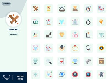 Elmas için dikkatlice düzenlenmiş 36 Düz vektör simgesi, tutarlı marka temsili ve kullanıcı deneyimi için 128x128 PIXEL mükemmel çözünürlüğe sahiptir.