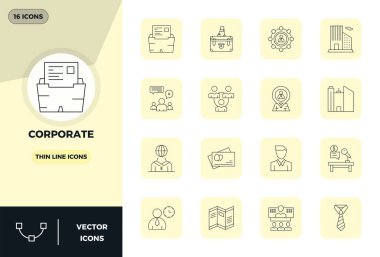 Şirket için 16 İnce Satır vektör simgesinin yüksek performanslı koleksiyonu, 128x128 PIXEL ideal kullanıcı arayüzü tasarımı için tasarlanmıştır.