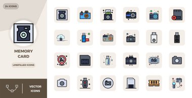 24 PIXEL mükemmel vektör simgesinden oluşan ayırt edici paket Bellek Kartı 'ndan esinlenilmiş, hatırlanabilir marka deneyimleri için 128x128 biçiminde çizilmiş.