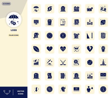 Dijital ürünler için mükemmel kalitede 128x128 PIXEL ile Kayıp için tasarlanmış 42 vektör simgesinden oluşan dinamik bir set..