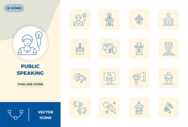 Topluluk Konuşması etrafında 16 vektör simgesinden oluşan tam paket, modern arayüzler için mükemmel kalite 128x128 PIXEL 'de ince çizgi tasarımı sergileniyor.