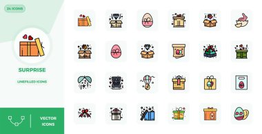 Sürpriz tema için tasarlanmış 24 Satır Dolu vektör simgesi seti keşfedin, 128x128 PIXEL mükemmel tasarımlar modern UI / UX projeleri için idealdir.