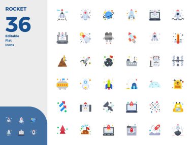 Modern uygulama geliştirme için 128x128 PIXEL mükemmel çözünürlüğe sahip, Düz estetik Roketi temsil eden 36 vektör simgesinin çağdaş koleksiyonu.