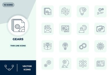 İnce Çizgi biçiminde Gears 'ı temsil eden 16 vektör simgesinin yer aldığı stratejik paket, profesyonel iş akışları için mükemmel kalitede 128x128 PIXEL ile optimize edildi.