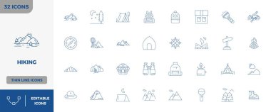 Minimal Line tasarımında 32 128x128 vektör simgesinden oluşan heyet, PIXEL mükemmel berraklığa sahip Hiking kavramları etrafında ortalanmıştır..
