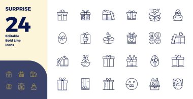 24 Bold Line PIXEL sanayi liderliğindeki paket Sürprizler için mükemmel vektör simgeleri, en uygun tasarım ve kullanıcı arayüzü mükemmelliği için 128x128 boyutlarında.