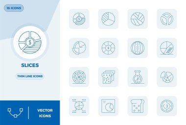 Dilimler etrafında 16 vektör simgesinden oluşan yenilikçi paket, modern dijital çözümler için 128x128 PIXEL mükemmel biçiminde İnce Çizgi Tasarımı sergiliyor.