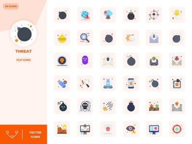 Tehdidi temsil eden 36 yassı vektör simgesinden oluşan profesyonel sınıf koleksiyon, 128x128 PIXEL mükemmel bir hassasiyetle tasarlandı..