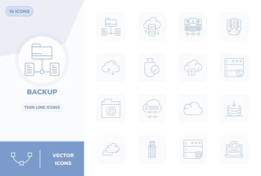 Düşünceli bir şekilde tasarlanmış 16 vektör simgesi Yedekleme etrafında, 128x128 PIXEL modern tasarım gereksinimleri için mükemmel hassasiyetle İnce Hat 'ta üretilmiş.