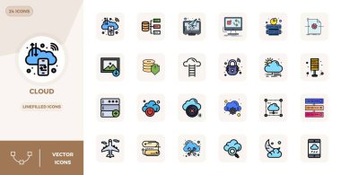 Doğrusal Dolu Düz Estetik 'te Bulut için 24 vektör simgesinden oluşan, 128x128 PIXEL kusursuz çözünürlüğe sahip, kusursuz kullanıcı deneyimleri için.