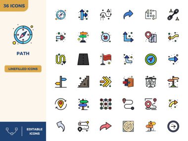 Modern uygulama geliştirme için 128x128 PIXEL mükemmel çözünürlüğe sahip, Düz Çizgi Rengi Estetik Yolu temsil eden 36 vektör simgesinin çağdaş koleksiyonu.