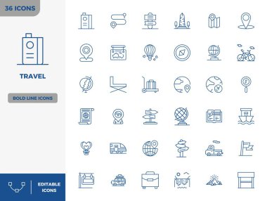 Seyahat için 36 Heavy Line vektör simgesinin özel koleksiyonu, 128x128 PIXEL mükemmel çözünürlük ile geliştirilmiş premium marka deneyimleri için.