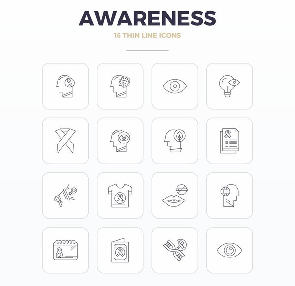 Strategic bundle featuring 16 vector icons representing Awareness in Thin Outline format, optimized with 128x128 PIXEL perfect quality for professional workflows.