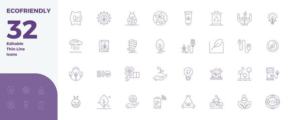 A versatile set of 32 Thin Line PIXEL perfect vector icons focused on EcoFriendly, delivered in crisp 128x128 format ideal for mobile and web applications.