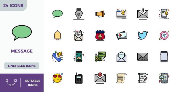 Тщательно курируемые 24 иконки вектора цвета плоской линии для сообщения, содержащие 128x128 PIXEL идеальное разрешение для последовательного представления бренда и пользовательского опыта.