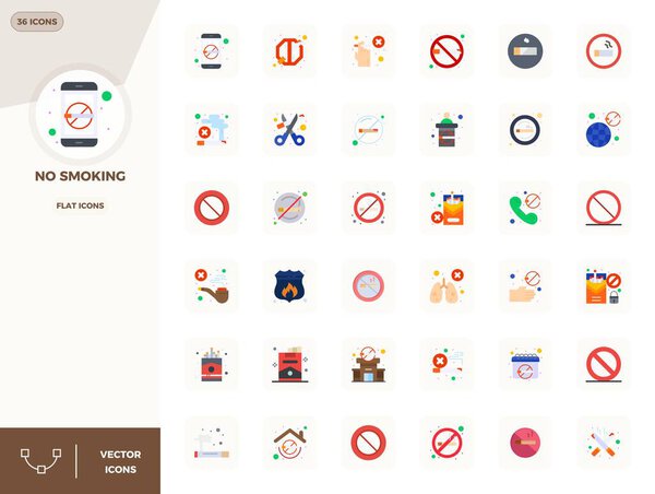 Meticulously crafted 36 Flat vector icons for No Smoking, delivered in 128x128 PIXEL perfect quality for uncompromising design standards.