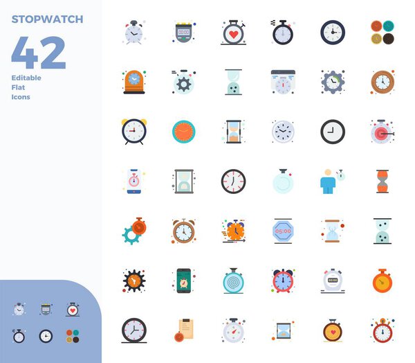 Ультимативная коллекция из 42 векторных часов, представляющих Stopwatch в плоской эстетике, с идеальным разрешением 128x128 пикселей для максимального воздействия.