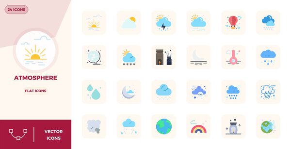 Thoughtfully designed 24 vector icons themed around Atmosphere, crafted in Flat with 128x128 PIXEL perfect precision for contemporary design needs.