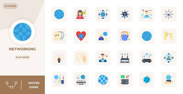 Complete package of 24 vector icons themed around Networking, showcasing Flat design in 128x128 PIXEL perfect quality for modern interfaces.