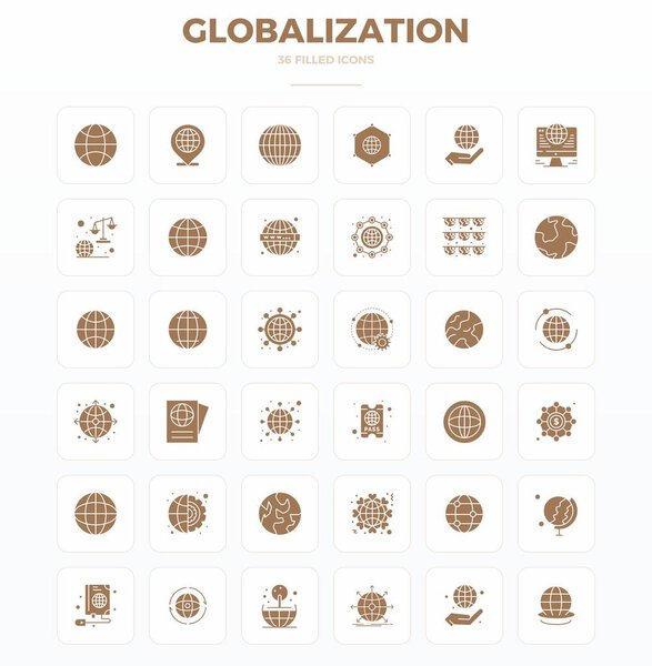 Future-ready pack of 36 vector icons themed around Globalization, showcasing SolidFill design with 128x128 PIXEL perfect clarity for innovative user interfaces.