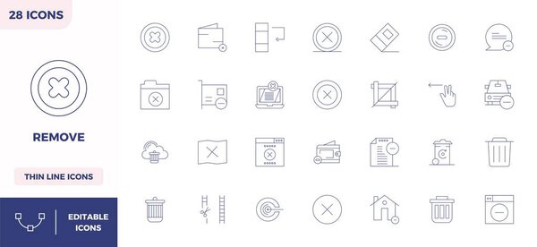Утонченный комплект с 28 иконками минимальных векторов линии для удаления, оптимизированный с 128x128 PIXEL идеальное качество для элегантных и функциональных дизайнерских решений.