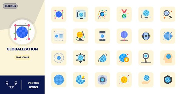 This set of 24 Flat vector icons captures Globalization themes in 128x128 PIXEL perfect quality, perfect for tech and business applications.