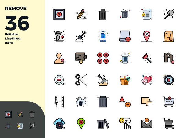 Кураторский пакет из 36 128x128 векторных значков в дизайне Duotone, сосредоточенный вокруг Удалить концепции с PIXEL совершенной ясностью.