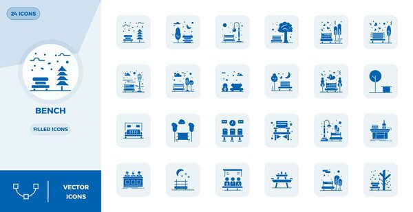 Expertly designed 24 Filled PIXEL perfect vector icons for Bench, engineered at 128x128 resolution for flawless integration and performance.