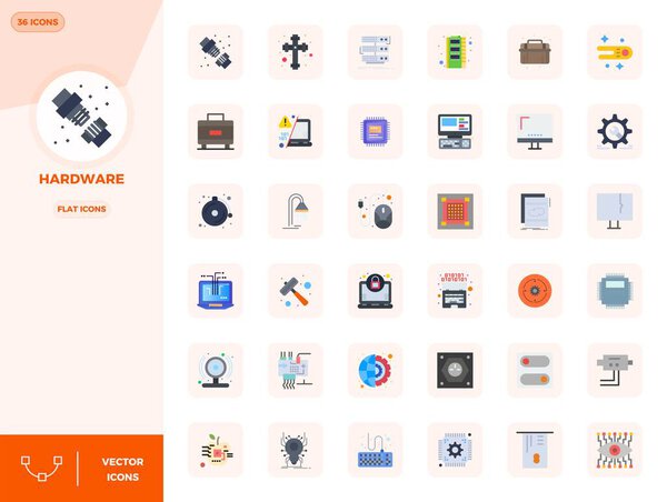 A clean collection of 36 Flat vector icons representing Hardware, designed in 128x128 PIXEL perfect format for modern dashboards and interfaces.