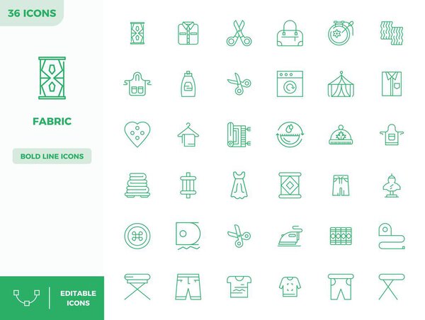 Необходимый набор из 36 PIXEL идеальных векторных значков для ткани в формате Heavy Line, размером 128x128 для оптимальной производительности и масштабируемости.