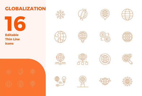 Perfectly balanced 16 Thin Line PIXEL perfect vector icons for Globalization, sized at 128x128 for harmonious integration in digital design projects.