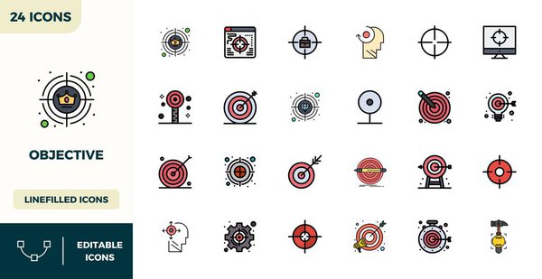 Artfully designed 24 Flat Lineal Color PIXEL perfect vector icons for Objective, delivered in 128x128 format for consistent visual excellence.