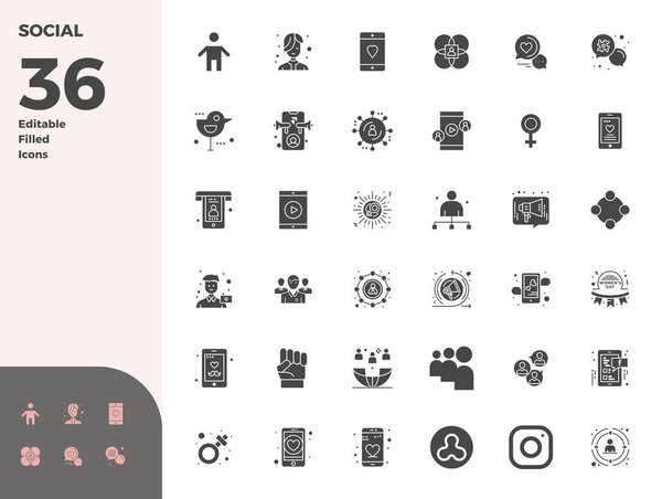Задумчиво разработанные 36 векторных иконок вокруг социальной, созданные в Glyph заполнены с 128x128 PIXEL идеальной точностью для современных потребностей дизайна.