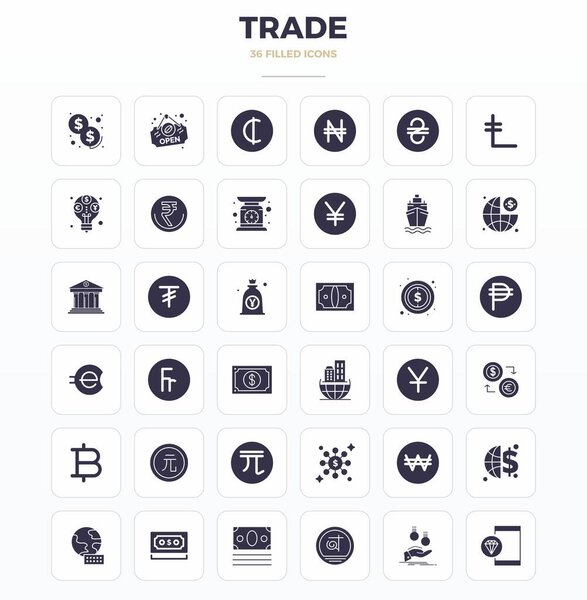 Мастер создал 36 векторных иконок, представляющих торговлю в SolidFill дизайн, с 128x128 PIXEL идеальное разрешение для исключительного визуального качества.