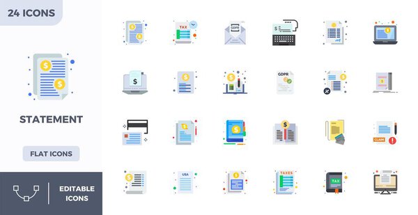 Comprehensive bundle featuring 24 vector icons in Flat Color design for Statement, delivered in crisp 128x128 PIXEL perfect quality.