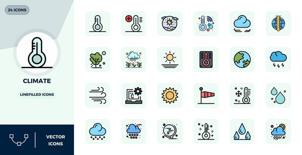 Набор из 24 LineFilled PIXEL идеальные векторные иконки вокруг климата, разработанные в 128x128 разрешение для плавной интеграции в приложениях и веб-сайтах.